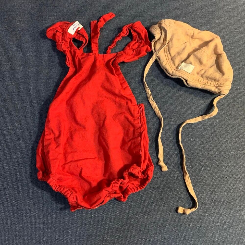 Baby Red Romper and Tan Bonnet Suit 100% Cotton Pre-Owned SIZE 3-6 Months